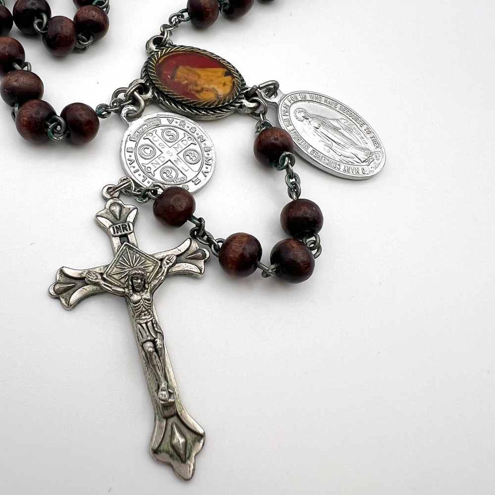 Vintage Wooden Catholic Rosary Jesus Crucifix St. Benedict Miraculous Medal 24"